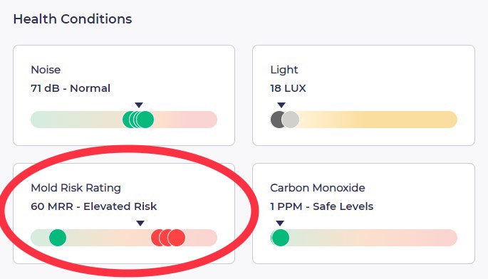 A screen shot from the Dwellwell app, showing ratings for mold risk and other environmental measures.